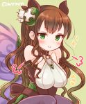  1girl :&gt; bare_shoulders braid breasts brown_hair butterfly_wings green_eyes green_valkyrie_(p&amp;d) large_breasts long_hair marshmallow_mille puzzle_&amp;_dragons solo valkyrie_(p&amp;d) wavy_hair wings 