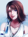  blue_eyes blurry brown_hair character_name detached_sleeves final_fantasy final_fantasy_x gradient gradient_background green_eyes hair_ornament heterochromia highres jewelry necklace rin2010 short_hair signature smile yuna_(final_fantasy) 