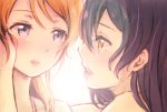  2girls ayase_eli black_hair blonde_hair blue_eyes eye_contact highres lilylion26 long_hair looking_at_another love_live!_school_idol_project multiple_girls open_mouth parted_lips sonoda_umi yellow_eyes 
