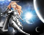  1girl :d blonde_hair blue_eyes covered_navel gloves long_hair machinery macline open_mouth outer_space personification planet shoulder_pads skin_tight smile spacesuit star_citizen 