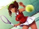  1girl ball breasts brown_hair chain-link_fence dark_skin drill_hair dutch_angle fence game_cg green_ribbon grey_eyes hair_ornament hair_ribbon highres hunie_pop large_breasts lola_rembrite long_hair ninamo open_mouth outdoors panties racket ribbon skirt solo sportswear tennis tennis_ball tennis_court tennis_racket tennis_uniform twin_drills underwear upskirt very_dark_skin 