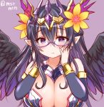  1girl angel_wings bespectacled black_hair black_wings breasts cleavage_cutout crown earrings flower glasses hair_flower hair_ornament jewelry large_breasts long_hair marshmallow_mille persephone_(p&amp;d) pointy_ears puzzle_&amp;_dragons solo violet_eyes wings 