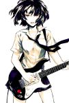  1girl black_hair bowtie electric_guitar greyscale guitar highres higuchi_hiru instrument looking_at_viewer monochrome open_mouth original pale_color pale_skin playing_instrument pleated_skirt red_eyes shirt short_sleeves simple_background skirt solo spot_color standing white_background 