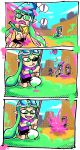  3koma comic goggles goggles_on_head inkling multiple_girls open_mouth paint_roller paintbrush pointy_ears setz shorts splatoon weapon 