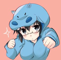  1girl abenattou black_eyes black_hair blush girls_und_panzer glasses hippopotamus looking_at_viewer oryou_(girls_und_panzer) pajamas pink_background punching semi-rimless_glasses solo sparkle standing under-rim_glasses upper_body 