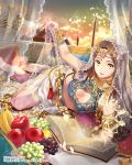  1girl apple aqua_eyes armlet banana bare_shoulders barefoot book breasts brown_hair candlestand cleavage copyright_name curtains food fruit gem grapes ice_(ice_aptx) long_hair lying midriff navel on_side open_mouth pillow tassel tenkuu_no_crystalia tiara tower veil veil_lift window 
