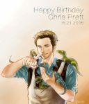  1boy 2015 blue_(jurassic_park) blue_eyes brown_hair charlie_(jurassic_park) chris_pratt dated delta_(jurassic_park) dinosaur echo_(jurassic_park) facial_hair feeding gradient gradient_background happy_birthday jurassic_park jurassic_world kemono_(kirkprise) mouth_hold owen_grady pet short_hair signature stubble velociraptor younger 