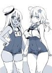  2girls :d asanagi covered_navel fang flower glasses hair_flower hair_ornament hand_on_hip hat highres holding_hands i-8_(kantai_collection) i-8_(kantai_collection)_(cosplay) kantai_collection long_hair looking_at_viewer monochrome multiple_girls open_mouth ro-500_(kantai_collection) ro-500_(kantai_collection)_(cosplay) sailor_collar school_swimsuit smile swimsuit tan tanline thigh-highs 