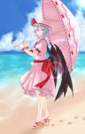  1girl bat_wings beach blue_hair blue_sky bow brooch clouds fang footprints frilled_collar frilled_skirt frills hat hat_bow high_heels highres horizon jewelry legs lens_flare looking_at_viewer mob_cap ocean open_toe_shoes parasol pink_shirt pink_skirt red_eyes remilia_scarlet shirt shoes short_hair short_sleeves skirt sky smile solo sun sunlight touhou umbrella when_you_see_it wind wings wrist_cuffs zeramu 