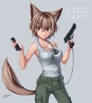  1girl animal_ears beretta_92 brown_hair collarbone dog_tags dreadtie eunice_fleetwood fang gun handgun highres original pants pistol short_hair solo standing tail tan tank_top weapon 