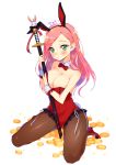  1girl animal_ears bare_shoulders blush breasts brown_legwear bunny_girl bunnysuit cleavage covered_navel detached_collar fake_animal_ears green_eyes hym9594 pantyhose pink_hair rabbit rabbit_ears scabbard sheath sheathed smile solo sword weapon wrist_cuffs 