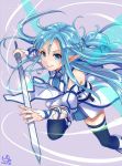  1girl asuna_(sao) asuna_(sao-alo) blue_eyes blue_hair blue_legwear dated jewelry long_hair looking_at_viewer pisuke pointy_ears ring signature smile solo sword sword_art_online thigh-highs weapon wedding_band wings 