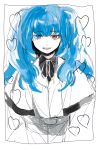  1girl blue_eyes blue_hair capelet grin heart heterochromia imai_yuumi long_hair looking_at_viewer red_eyes ribbon smile solo tokyo_ghoul tokyo_ghoul:re twintails upper_body yonebayashi_saiko 