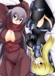  2girls arms_up ass blonde_hair blue_eyes blush breasts bug_(artist) cleavage dragon_yukano gloves hair_bun hair_ornament hair_stick highres japanese_clothes large_breasts long_hair looking_at_viewer multiple_girls nancy_lee ninja ninja_slayer open_mouth purple_hair scarf very_long_hair violet_eyes 