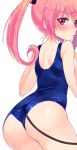  1girl ass blush cowboy_shot demon_tail from_behind hym9594 long_hair looking_at_viewer nana_asta_deviluke school_swimsuit simple_background solo swimsuit tail to_love-ru twintails violet_eyes white_background 