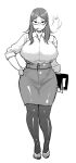  1girl breasts clipboard curvy glasses hand_on_hip highres huge_breasts light_smile long_hair monochrome pantyhose simple_background solo synecdoche teacher white_background wide_hips 