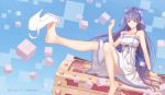  1girl barefoot blue_eyes bracelet derivative_work hair_ribbon high_heels highres jewelry long_hair ltt_challenger ponytail purple_hair ribbon ryuugajou_nanana ryuugajou_nanana_no_maizoukin sitting solo treasure_chest 