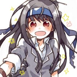  1girl black_hair blush doodle happy hatsushimo_(kantai_collection) headband kano_(coyotehunt) kantai_collection long_hair red_eyes star upper_body 