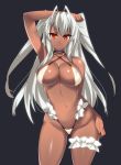  1girl arm_up armpits bare_shoulders bikini black_legwear breasts cleavage dark_skin hevn highres large_breasts light_smile long_hair looking_at_viewer navel red_eyes sansei_muramasa silver_hair solo soukou_akki_muramasa swimsuit thigh-highs thighs very_long_hair 