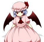  1girl arms_behind_back ascot bat_wings blue_hair brooch fang fang_out hat hat_ribbon jewelry looking_at_viewer mob_cap ominome puffy_short_sleeves puffy_sleeves red_eyes remilia_scarlet ribbon shadow short_hair short_sleeves simple_background sketch skirt skirt_set slit_pupils slouching smile solo touhou white_background wings 