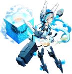  1girl blue_hair clouds cosmic_break cube hair_ornament highres long_hair mecha_musume multicolored_eyes necktie tagme twintails water weather 