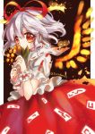  1girl cosplay fujiwara_no_mokou fujiwara_no_mokou_(cosplay) hair_ribbon highres medicine_melancholy red_eyes ribbon short_hair silver_hair solo suzuka_sario touhou wings 