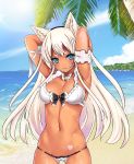  1girl :3 animal_ears arms_up beach bikini blue_eyes blush clouds cowboy_shot heart_tattoo long_hair looking_at_viewer navel ocean only_haruka palm_tree sky solo swimsuit tan tattoo tree very_long_hair white_bikini white_hair white_swimsuit 