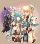  1girl 2boys blonde_hair blue_hair closed_eyes dizzy fingerless_gloves flagpole gloves guilty_gear guilty_gear_xrd hair_ribbon heart holding_hands husband_and_wife ky_kiske long_hair midriff mouth_hold multiple_boys navel necro needle ponytail ribbon san_(winteroll) sewing_needle shorts sin_kiske sparkle tail undine_(guilty_gear) wings 