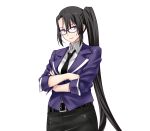  1girl alternate_costume black_hair crossed_arms highres kantai_collection long_hair looking_at_viewer nachi_(kantai_collection) office_lady ponytail purple-framed_glasses shoumaru_(gadget_box) simple_background solo upper_body very_long_hair violet_eyes white_background 