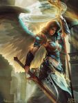  black_hair breasts copyright_name crowgod dated feathered_wings halo highres legend_of_the_cryptids looking_at_viewer midriff red_eyes shoulder_armour signature solo staff sword vambraces weapon wings 