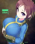  1girl artist_name black_gloves blueberry_(5959) breast_hold breasts brown_hair fallout fingerless_gloves gloves large_breasts pip_boy short_hair solo violet_eyes 