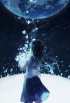  1girl black_hair blue commentary constellation dark domik earth from_behind light light_particles long_hair original scenery school_uniform serafuku solo star wind 
