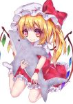  1girl absurdres blonde_hair doll_hug flandre_scarlet hat highres red_eyes shark short_hair side_ponytail smile solo stuffed_animal stuffed_toy suzuka_sario touhou wings 