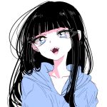  1girl :d aano_(10bit) black_hair blue_eyes collarbone hime_cut hoodie long_hair looking_at_viewer naishi-chan open_mouth original sharp_teeth simple_background smile solo white_background 