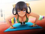  1girl ball black_hair blush braid breasts cleavage dark_skin downblouse dutch_angle exercise game_cg gym hair_ribbon hair_rings highres hunie_pop kyanna_delrio large_breasts looking_at_viewer ninamo open_mouth push-ups ribbon solo sports_bra sweat sweatband twin_braids violet_eyes weights yoga_mat 