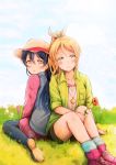  ayase_eli black_hair blonde_hair flower hair_ribbon hat highres jacket lilylion26 long_hair love_live!_school_idol_project ponytail pout ribbon shorts sitting smile sonoda_umi sun_hat wariza yellow_eyes 