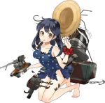  ahoge barefoot blue_swimsuit drew_(drew213g) hat hat_removed headwear_removed kantai_collection polka_dot polka_dot_swimsuit straw_hat swimsuit torn_clothes torn_swimsuit ushio_(kantai_collection) 