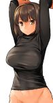  1girl aaru_(tenrake_chaya) arms_up breasts brown_eyes brown_hair hyuuga_(kantai_collection) kantai_collection long_sleeves looking_at_viewer out-of-frame_censoring short_hair simple_background solo upper_body white_background 