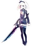 1girl black_legwear blue_eyes character_request clenched_hand copyright_request gradient hairband heterochromia highres looking_to_the_side muted_color riuichi simple_background sketch solo standing sweater_dress sword thigh-highs turtleneck violet_eyes weapon white_background white_hair 