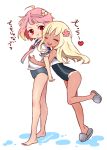  2girls :d ^_^ ahoge blonde_hair closed_eyes hair_ornament hug hug_from_behind i-58_(kantai_collection) kantai_collection kobone long_hair multiple_girls open_mouth pink_eyes pink_hair pout ro-500_(kantai_collection) school_swimsuit school_uniform serafuku short_hair smile swimsuit swimsuit_under_clothes tan tanline translation_request 