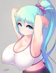  1girl armpits arms_behind_head arms_up blue_eyes blue_hair blueberry_(5959) breasts cleavage grey_background highres huge_breasts long_hair original ponytail simple_background solo sports_bra sweat upper_body 