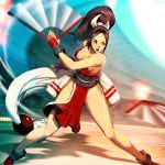  1girl breasts brown_eyes brown_hair cleavage fan fatal_fury folding_fan genzoman gloves huge_breasts japanese_clothes king_of_fighters large_breasts long_hair pelvic_curtain ponytail revealing_clothes shiranui_mai sideboob snk solo 