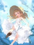  1girl akiru_(igel-flutter) bare_shoulders blue_eyes blush breasts brown_hair cleavage dress earrings flower hat hat_flower jewelry long_hair original platform_footwear sandals skirt_hold sky smile solo splashing strapless_dress straw_hat water wavy_hair 