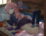  1girl antenna_hair bag bangs basket blanket blouse blue_legwear blush book bookshelf chips cleazul floral_print frilled_skirt frills from_behind highres indoors kantai_collection kneehighs legs_up long_hair looking_at_viewer looking_back lying manga_(object) mouth_hold no_shoes on_bed on_stomach open_book pillow pink_eyes pink_hair pocky potato_chips purple_skirt skirt solo stuffed_animal stuffed_bunny stuffed_toy uzuki_(kantai_collection) window 