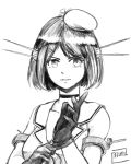  1girl black_gloves breasts choker collarbone glove_pull gloves hair_ornament hairclip hat headgear kantai_collection large_breasts looking_at_viewer maya_(kantai_collection) midriff monochrome parted_lips portrait reze sailor_dress school_uniform serafuku short_hair signature simple_background sketch sleeveless solo white_background 