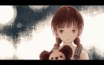  1girl bangs braid brown_hair letterboxed looking_at_viewer mitsuki_mouse original parted_lips sepia star stuffed_animal stuffed_toy suspenders teddy_bear twin_braids upper_body 