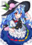  1girl braid cosplay food fruit hat highres hinanawi_tenshi hinanawi_tenshi_(cosplay) kirisame_marisa long_hair peach red_eyes solo suzuka_sario touhou witch_hat 