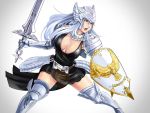  1girl armor belt breasts cleavage fiona_(mabinogi) gauntlets greaves grey_eyes headgear helmet long_hair mabinogi mabinogi_heroes macline open_mouth shield shoulder_pads solo sword weapon white_background white_hair 