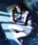  blurry bra bracelet copyright_name ellie_(the_last_of_us) fetal_position green_eyes jewelry light night pillow ponytail redhead rin2010 shirt short_shorts shorts signature striped striped_shirt tank_top the_last_of_us underwear 