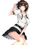  1girl belt black_hair breasts cleavage commentary_request hat hat_ribbon looking_at_viewer open_clothes open_shirt puffy_short_sleeves puffy_sleeves red_eyes ribbon rinarisa shameimaru_aya shirt short_sleeves skirt solo tokin_hat touhou 